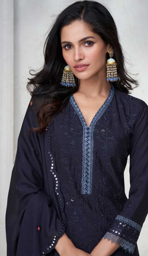 Chinon Silk Embroidered Readymade Sharara Suit In Navy Blue - 9340186765
