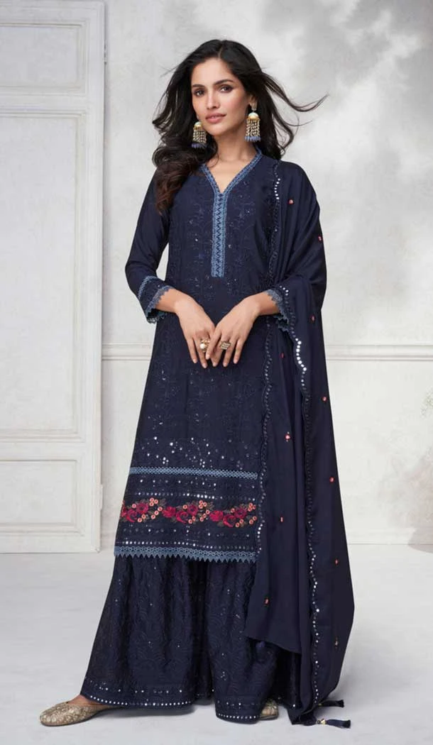 Chinon Silk Embroidered Readymade Sharara Suit In Navy Blue - 9340186765