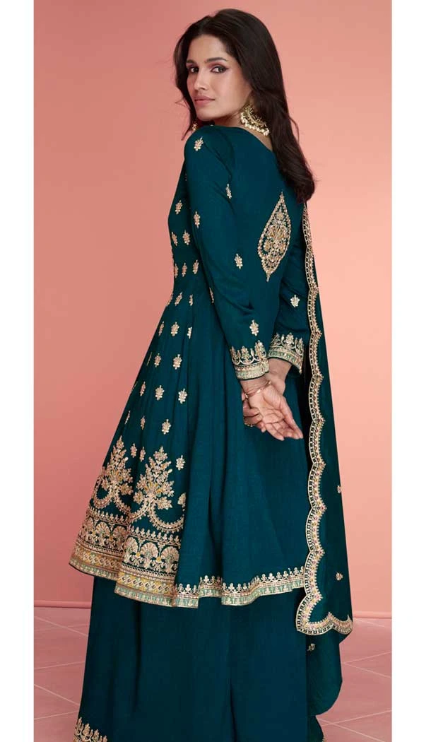 Teal Blue Premium Silk Embroidery Work Party Wear Palazzo Salwar Suit - 9341186767