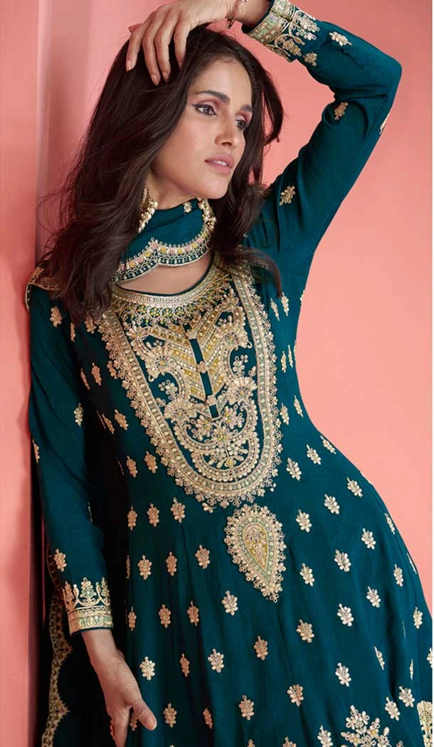 Teal Blue Premium Silk Embroidery Work Party Wear Palazzo Salwar Suit - 9341186767