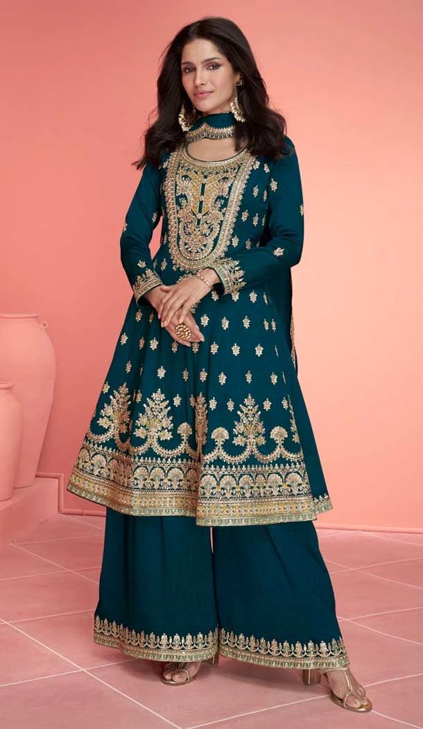 Teal Blue Premium Silk Embroidery Work Party Wear Palazzo Salwar Suit - 9341186767