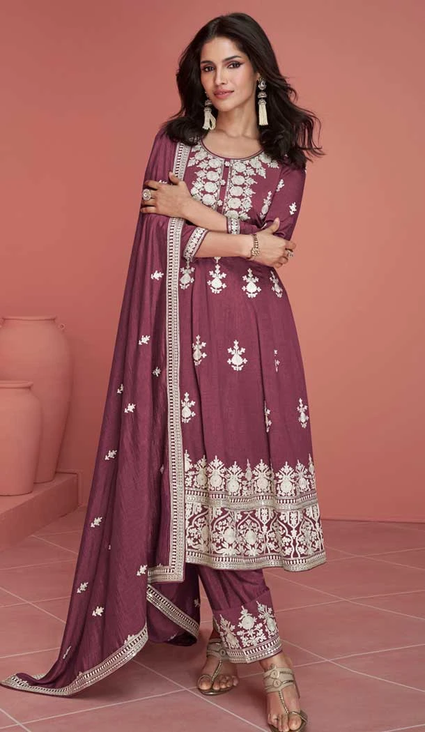 Mauve Silk Embroidered Designer Palazzo Salwar Suit - 9342186768