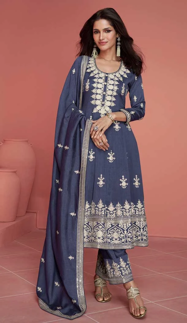 Blue Silk Embroidered Designer Palazzo Salwar Suit - 9342186769