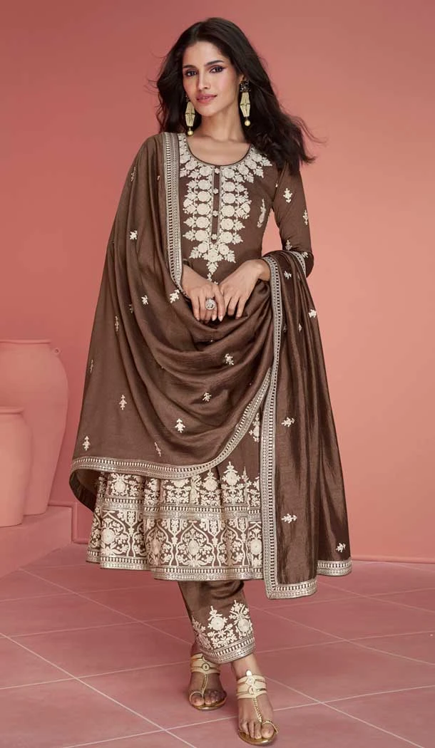 Brown Silk Embroidered Designer Palazzo Salwar Suit - 9342186770