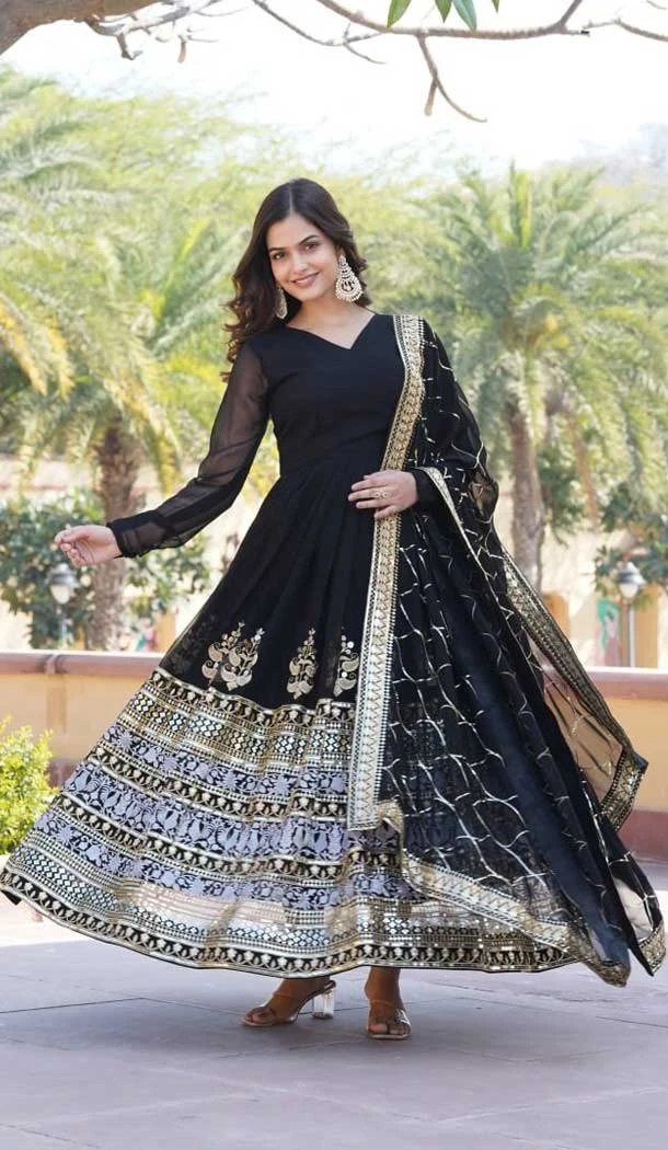 Faux Georgette Embroidery Work Party Wear Gown In Black - 9350186798