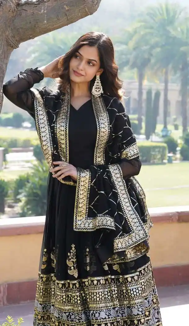 Faux Georgette Embroidery Work Party Wear Gown In Black - 9350186798