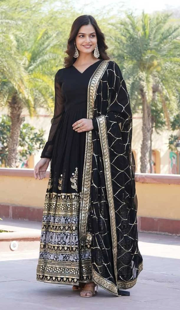 Faux Georgette Embroidery Work Party Wear Gown In Black - 9350186798