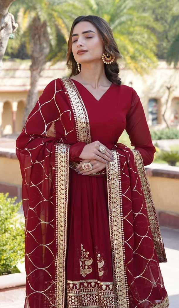 Faux Georgette Embroidery Work Party Wear Gown In Maroon - 9350186799