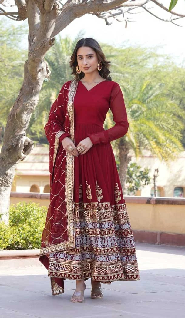 Faux Georgette Embroidery Work Party Wear Gown In Maroon - 9350186799