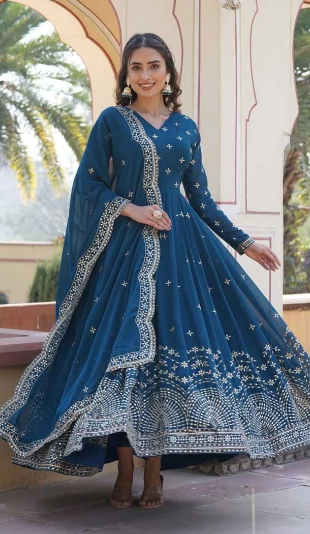Blue Faux Georgette Zari Embroidery Work Party Wear Gown - 9351186800