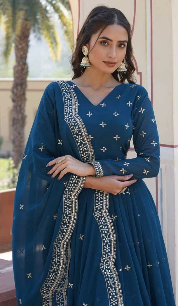 Blue Faux Georgette Zari Embroidery Work Party Wear Gown - 9351186800