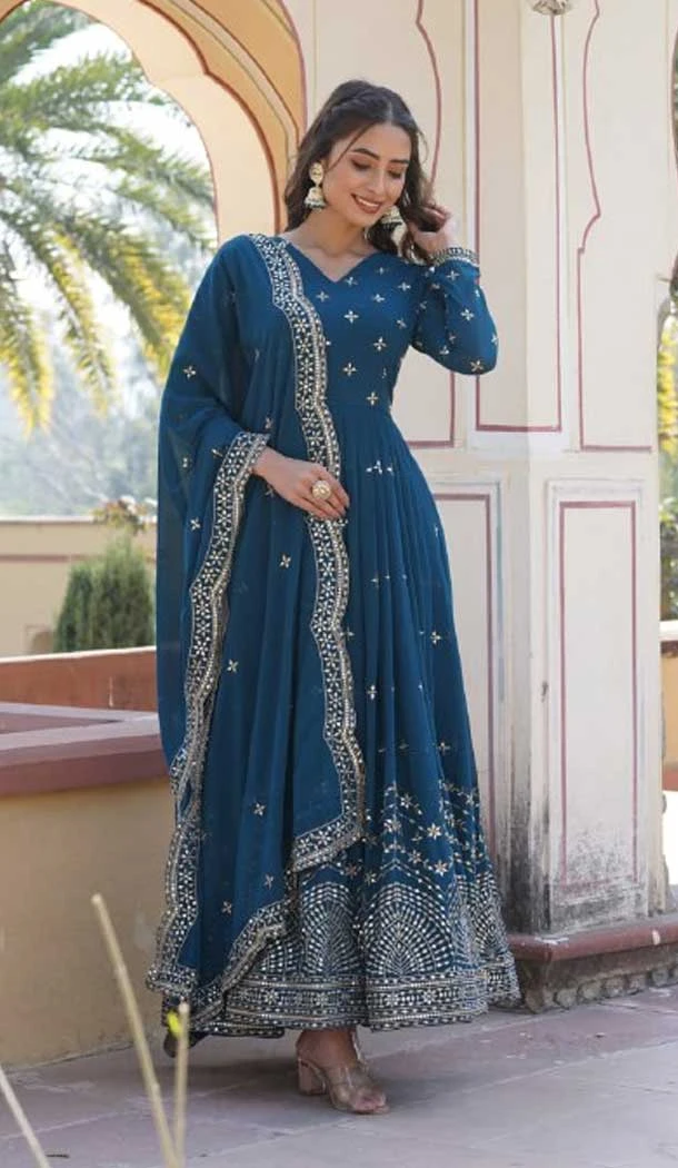 Blue Faux Georgette Zari Embroidery Work Party Wear Gown - 9351186800