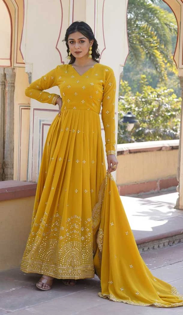 Yellow Faux Georgette Zari Embroidery Work Party Wear Gown - 9351186801