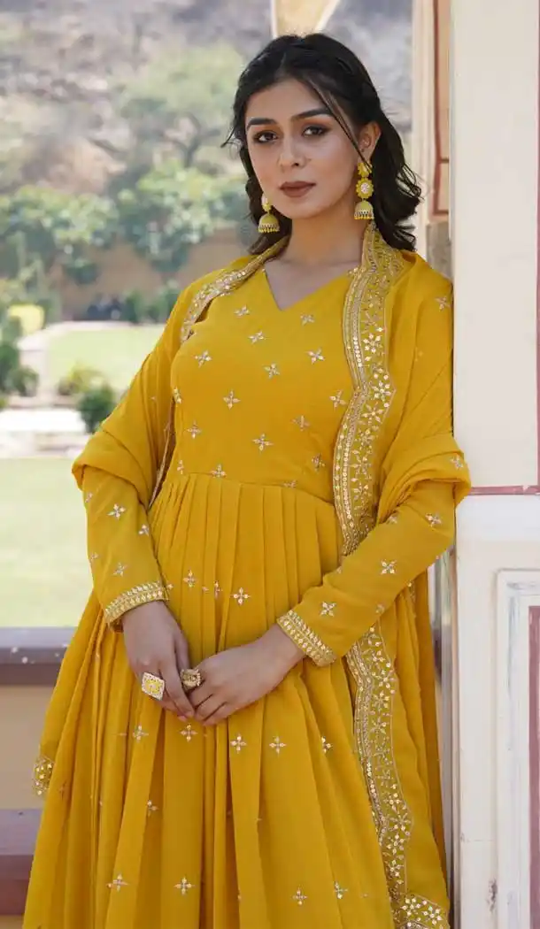 Yellow Faux Georgette Zari Embroidery Work Party Wear Gown - 9351186801