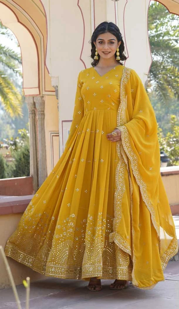 Yellow Faux Georgette Zari Embroidery Work Party Wear Gown - 9351186801