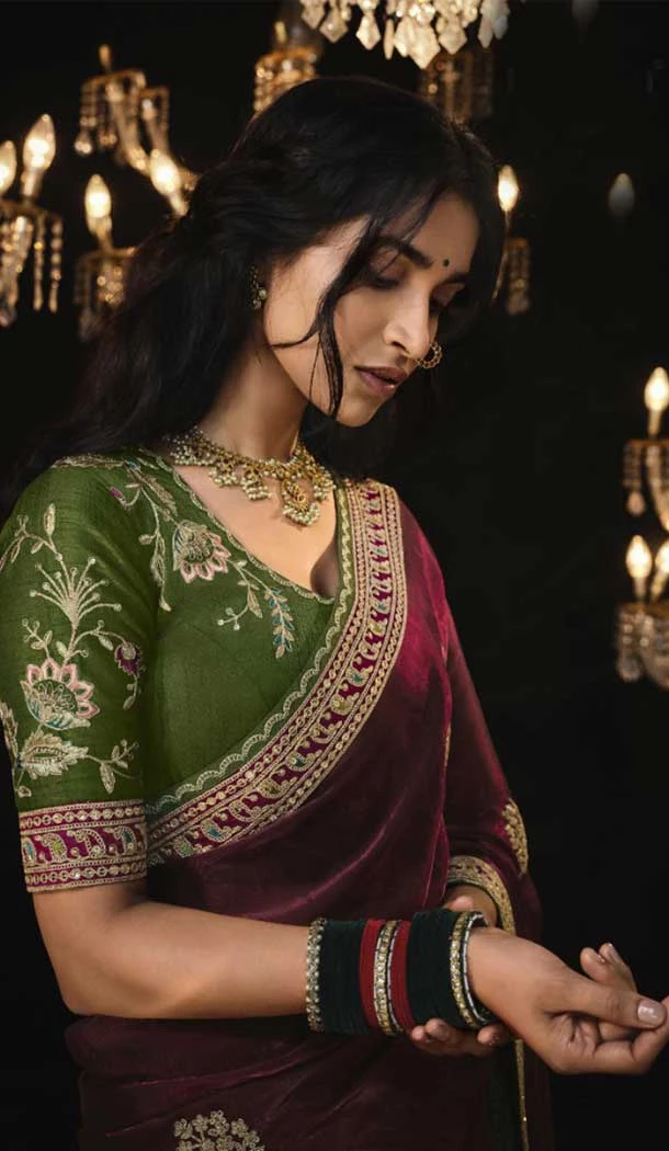 Silk Embroidery Work Party Wear Designer Saree In Maroon - 9370186893