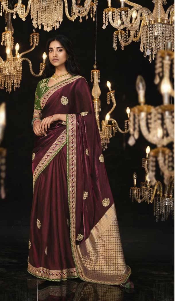 Silk Embroidery Work Party Wear Designer Saree In Maroon - 9370186893