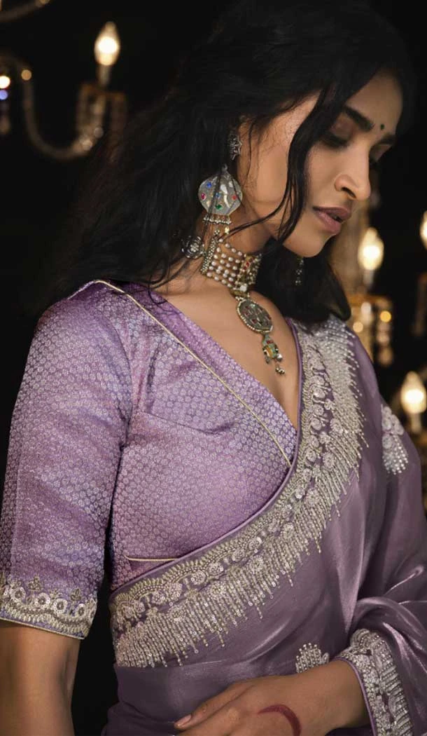 Silk Embroidery Work Party Wear Designer Saree In Lavender - 9370186894