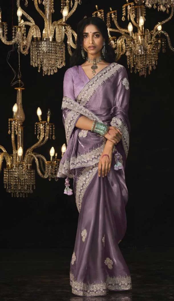 Silk Embroidery Work Party Wear Designer Saree In Lavender - 9370186894
