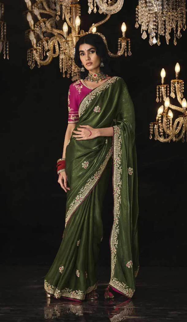 Silk Embroidery Work Party Wear Designer Saree In Green - 9370186895