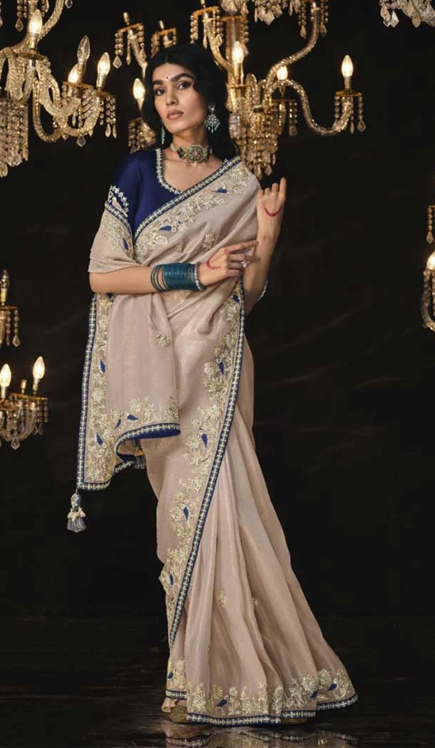 Silk Embroidery Work Party Wear Designer Saree In Cream - 9370186896