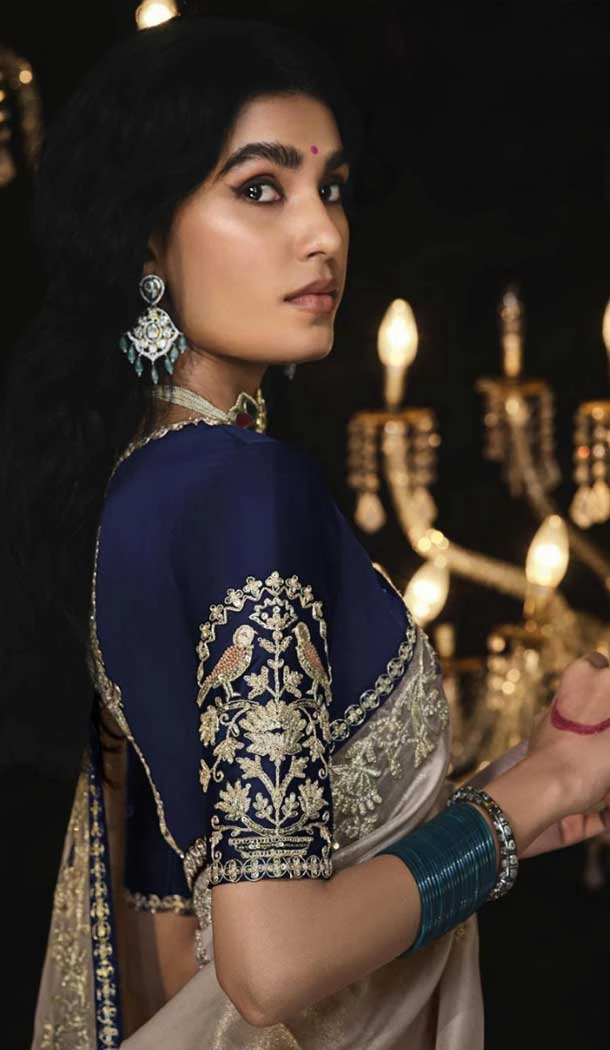 Silk Embroidery Work Party Wear Designer Saree In Cream - 9370186896
