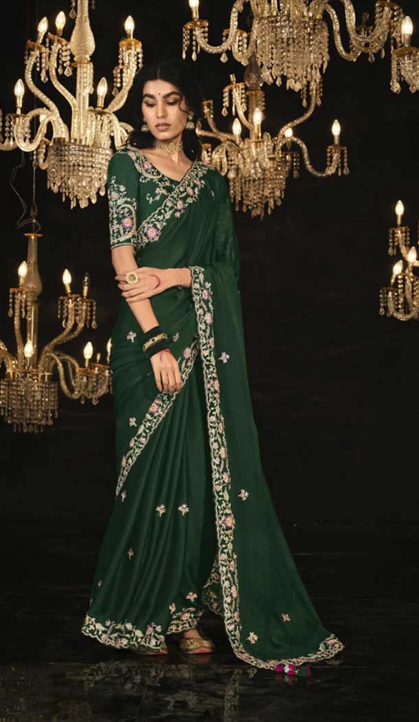 Silk Embroidery Work Party Wear Designer Saree In Dark Green - 9370186897