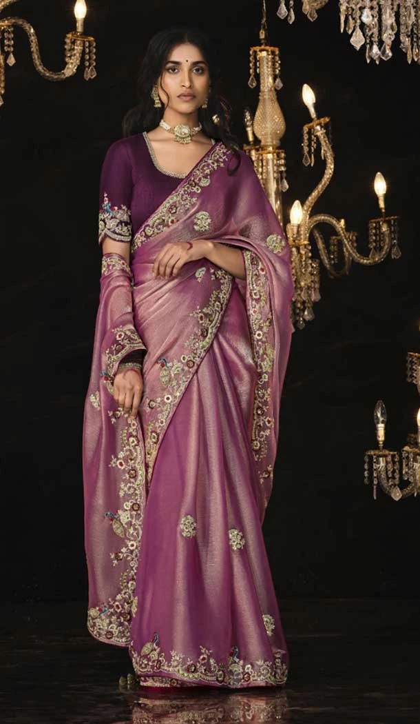Silk Embroidery Work Party Wear Designer Saree In Pink - 9370186898