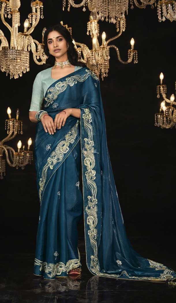 Silk Embroidery Work Party Wear Designer Saree In Blue - 9370186899