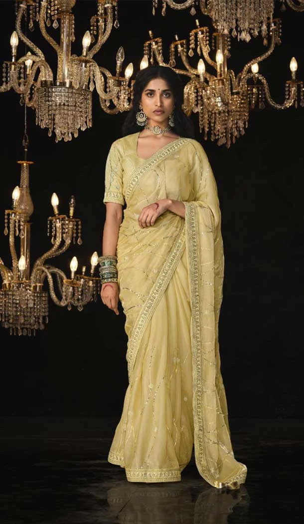 Silk Embroidery Work Party Wear Designer Saree In Yellow - 9370186900
