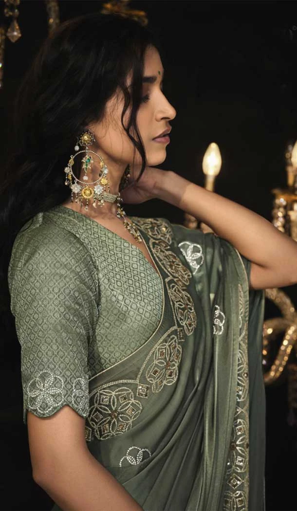 Silk Embroidery Work Party Wear Designer Saree In Olive Grey - 9370186903