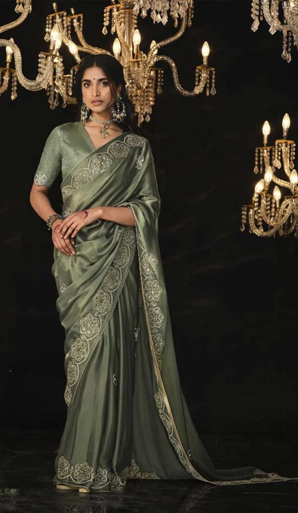 Silk Embroidery Work Party Wear Designer Saree In Olive Grey - 9370186903