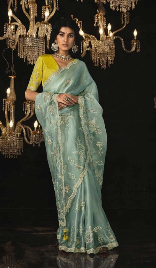 Silk Embroidery Work Party Wear Designer Saree In Sky Blue - 9370186905