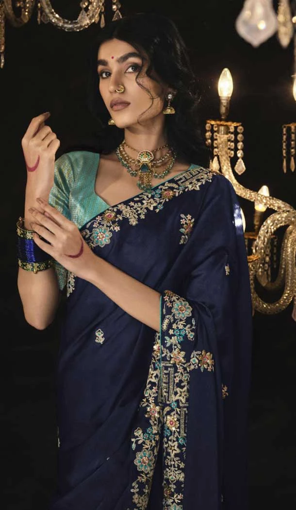 Silk Embroidery Work Party Wear Designer Saree In Navy Blue - 9370186906