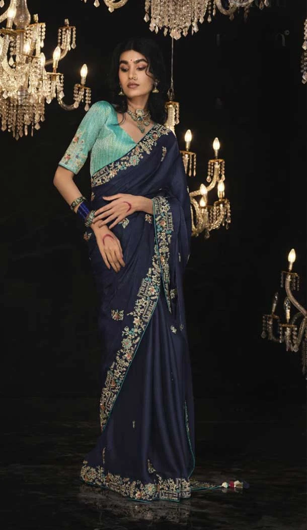 Silk Embroidery Work Party Wear Designer Saree In Navy Blue - 9370186906