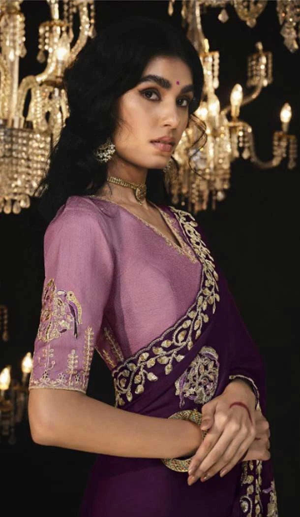 Silk Embroidery Work Party Wear Designer Saree In Wine - 9370186907