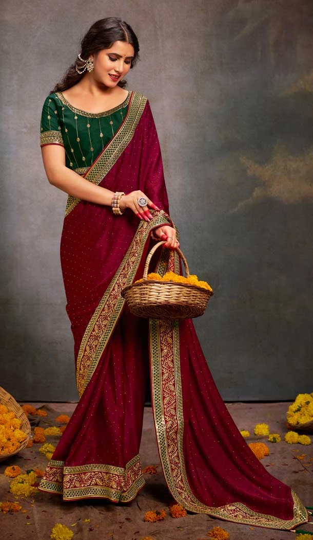 Burgundy Satin Sequins Work Traditional Wear Saree - 9371186908