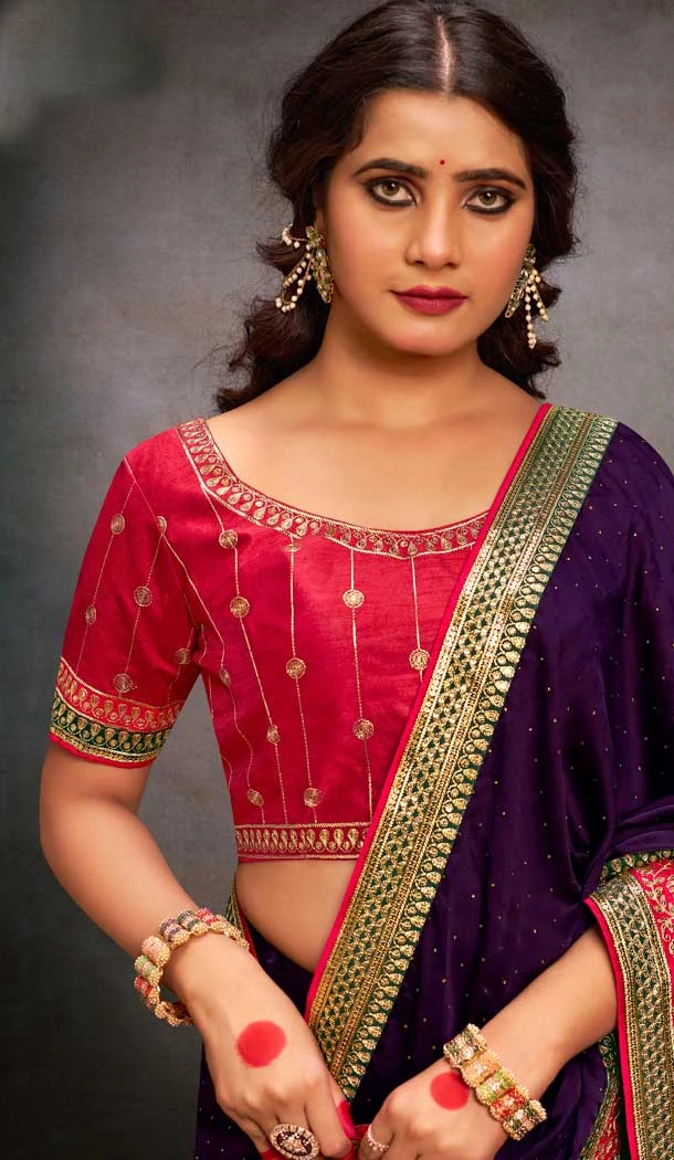 Purple Satin Sequins Work Traditional Wear Saree - 9371186909