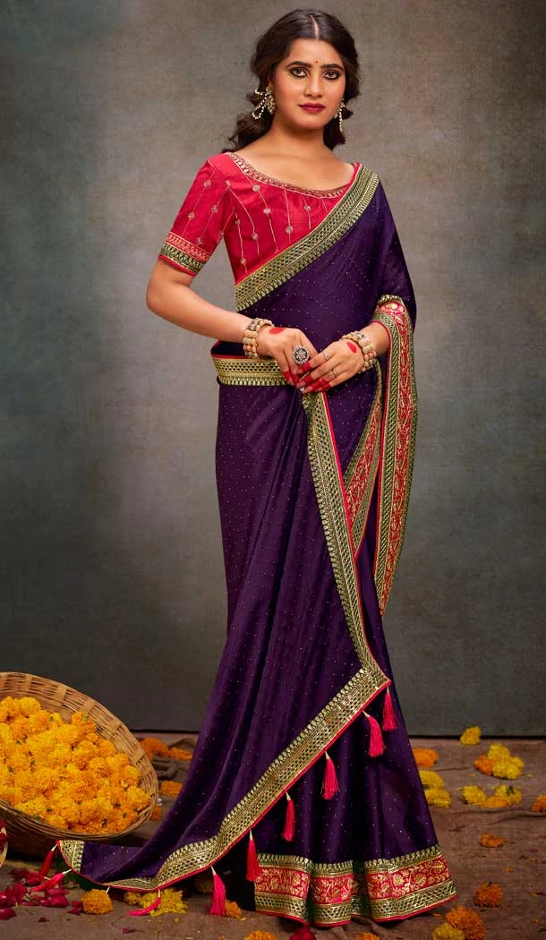 Purple Satin Sequins Work Traditional Wear Saree - 9371186909