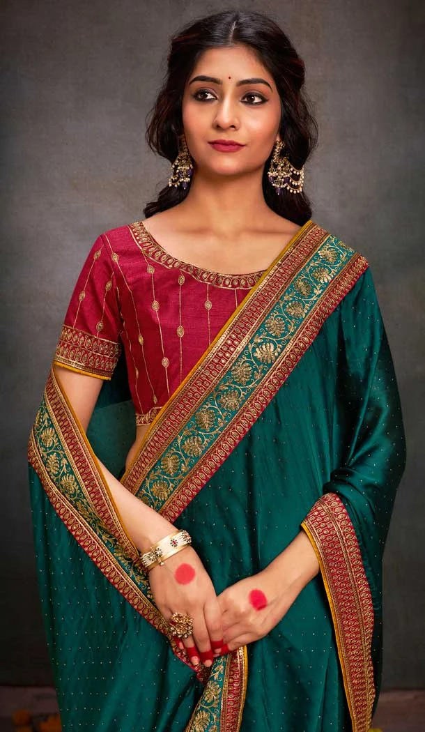 Teal Satin Sequins Work Traditional Wear Saree - 9371186910