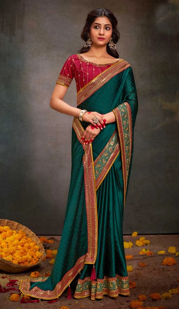 Teal Satin Sequins Work Traditional Wear Saree - 9371186910