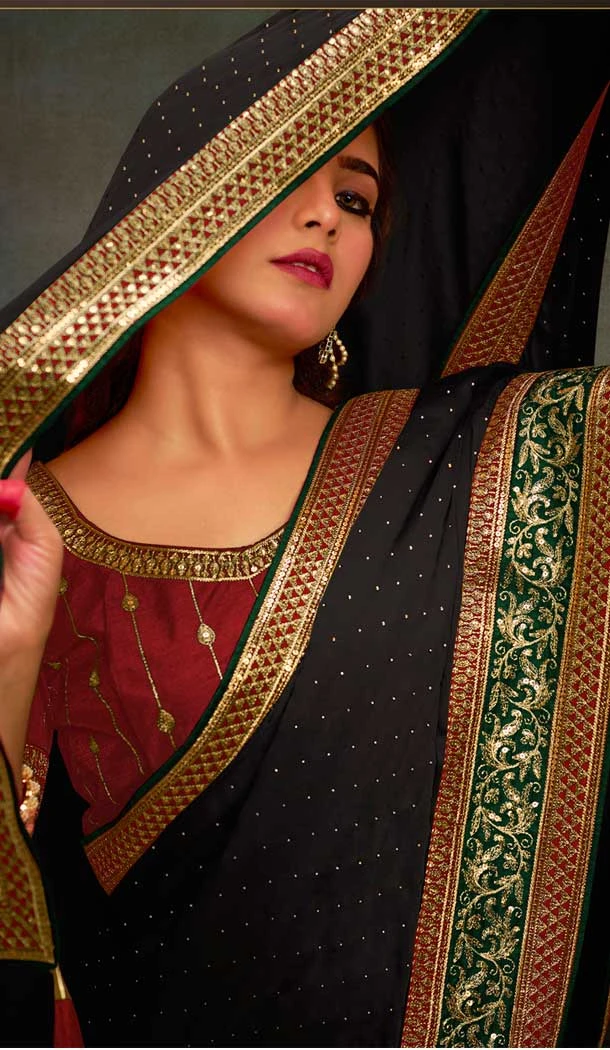 Black Satin Sequins Work Traditional Wear Saree - 9371186911