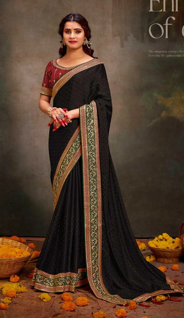 Black Satin Sequins Work Traditional Wear Saree - 9371186911
