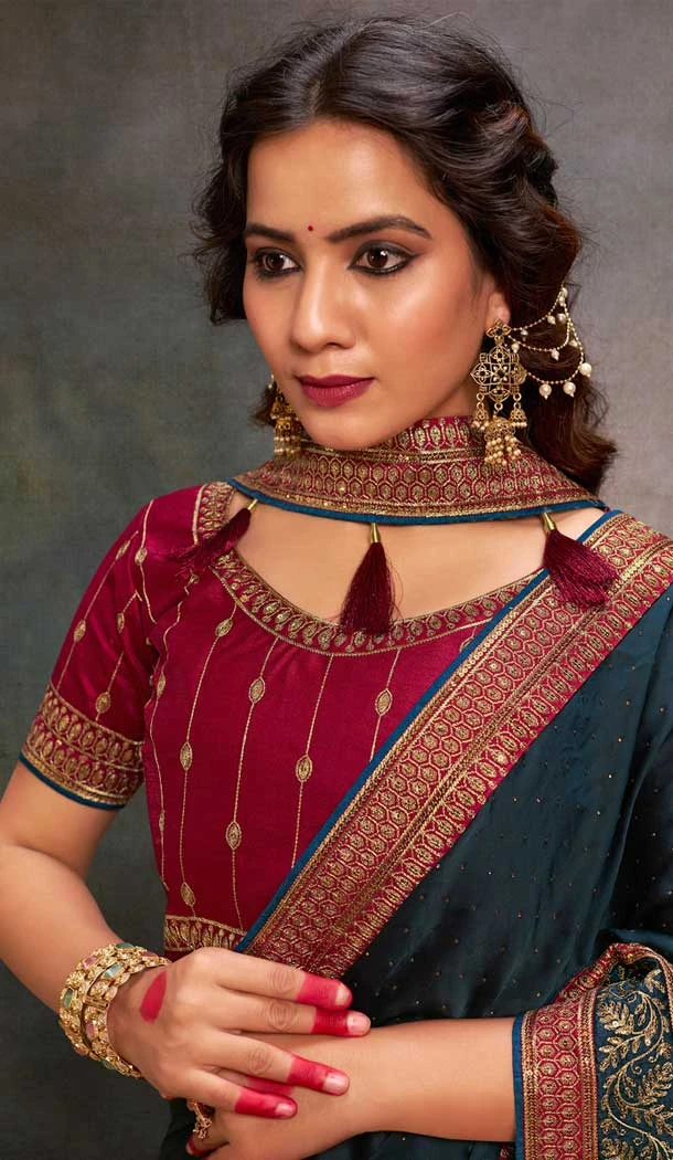 Satin Teal Blue Sequins Work Traditional Wear Saree - 9371186912