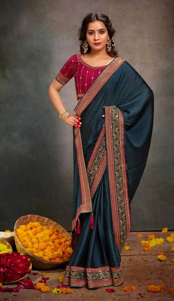Satin Teal Blue Sequins Work Traditional Wear Saree - 9371186912