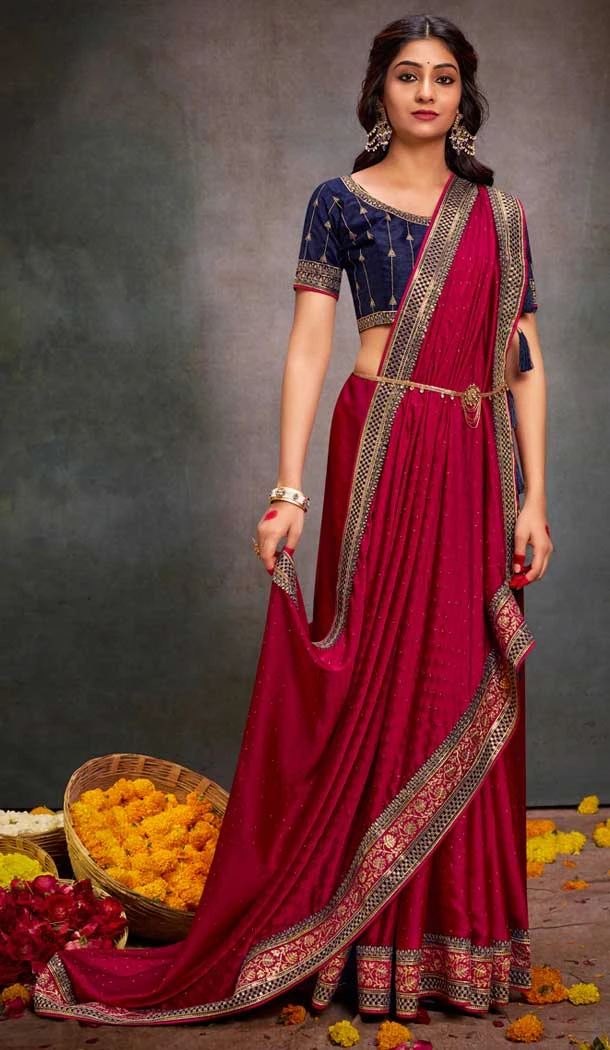 Pink Satin Sequins Work Traditional Wear Saree - 9371186913