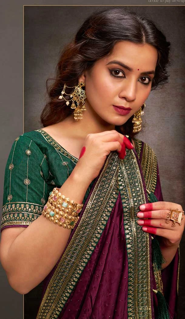Wine Satin Sequins Work Traditional Wear Saree - 9371186914