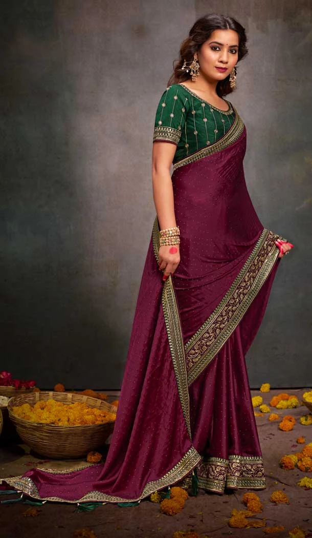 Wine Satin Sequins Work Traditional Wear Saree - 9371186914