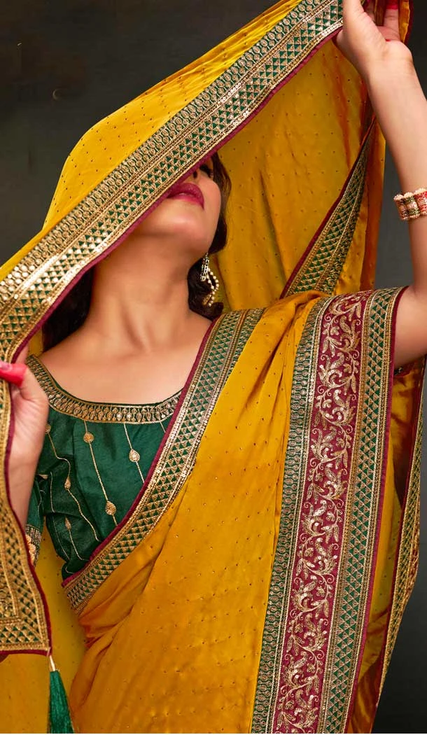 Mustard Satin Sequins Work Traditional Wear Saree - 9371186915
