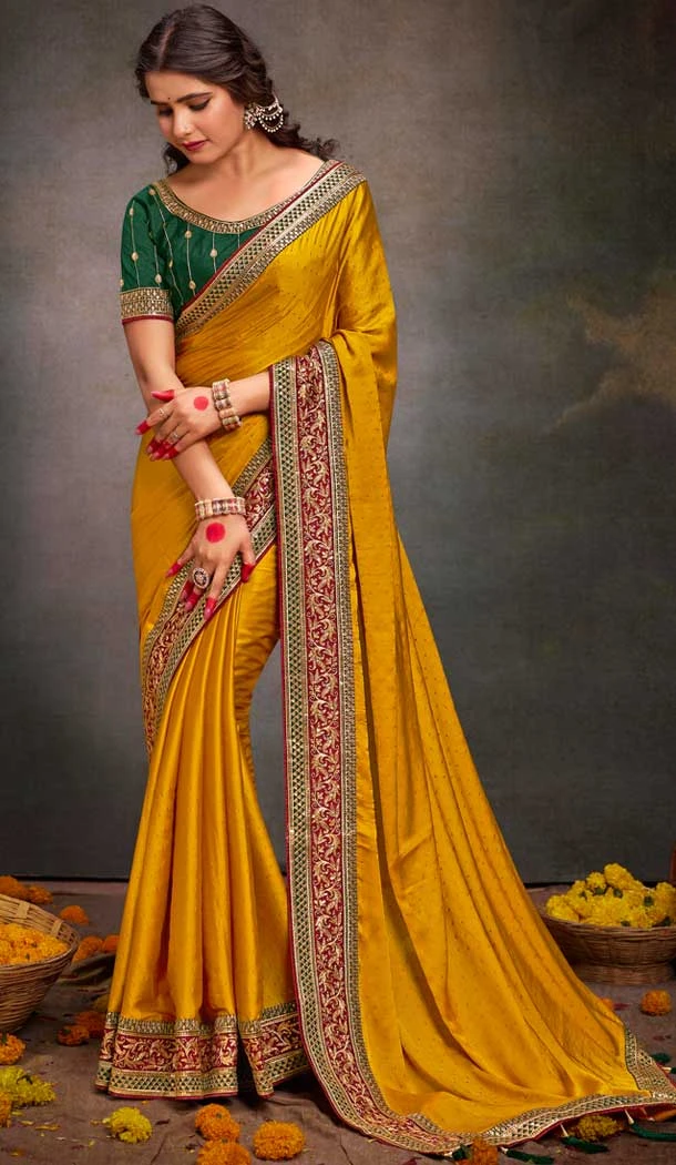 Mustard Satin Sequins Work Traditional Wear Saree - 9371186915